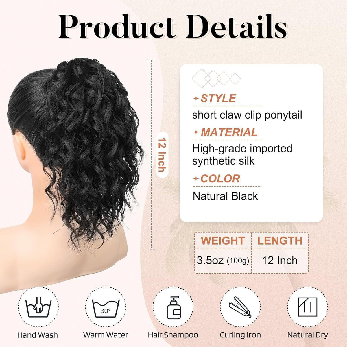 Welliges Pferdeschwanz Haarverlängerung mit Clip – 31cm Schwarz