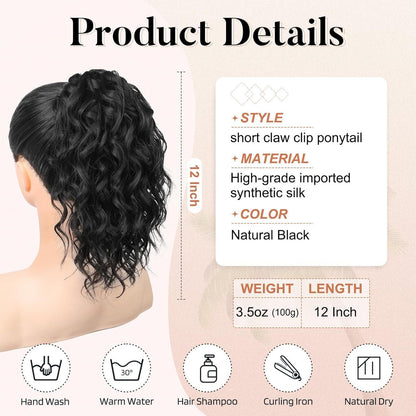 Welliges Pferdeschwanz Haarverlängerung mit Clip – 31cm Schwarz