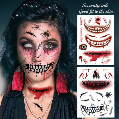 10er Set Halloween Fake Tattoos Großes Mund Narben Spinnen Tattoo