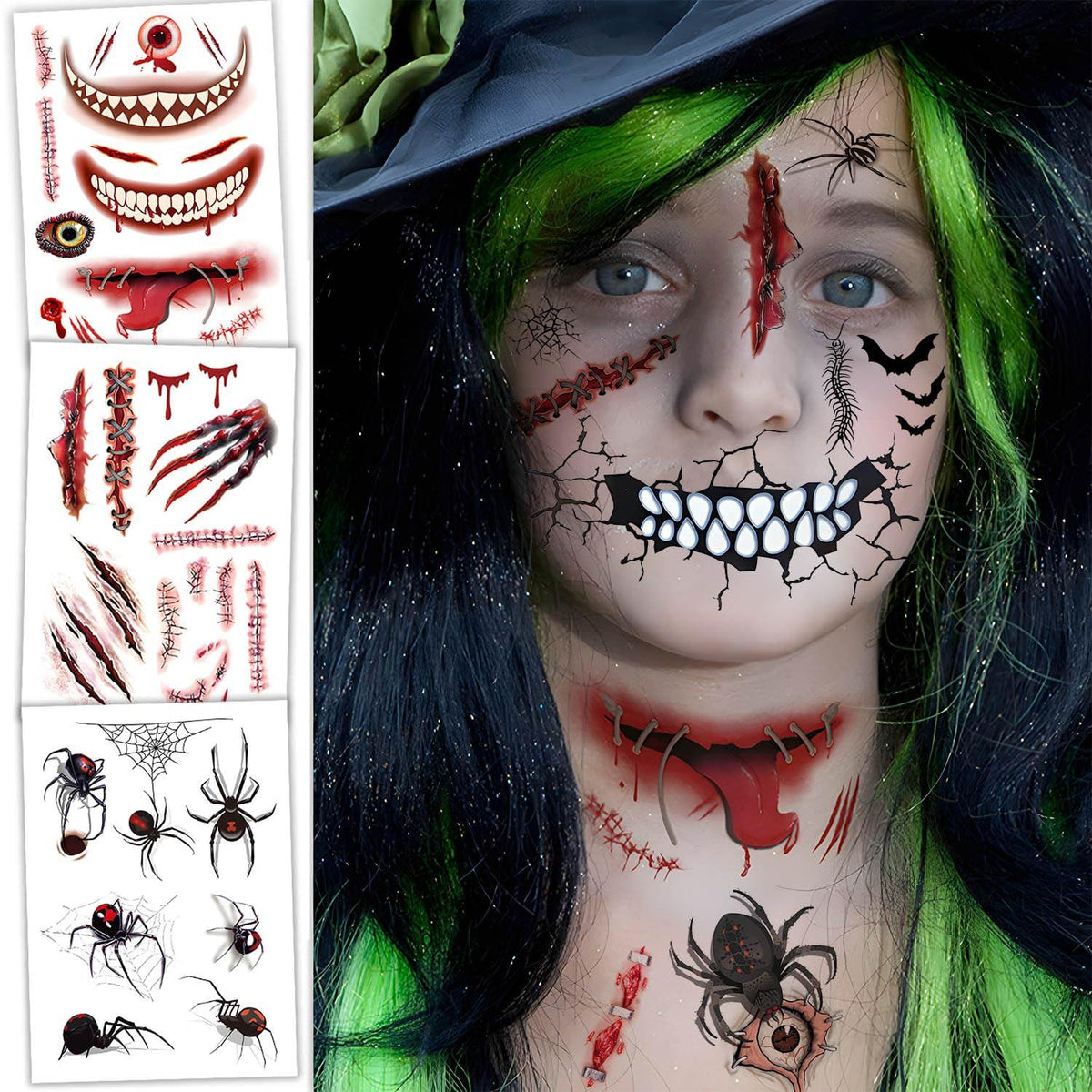 80 Halloween Temporäre Tattoos Bögen 14x20cm Spinnen Narben Mundtatoo
