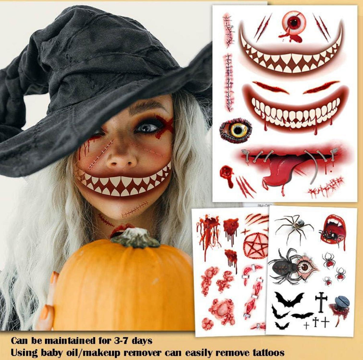 10 Sheets Halloween Temporäre Tattoos Set Spinnen Narben Mund Tattoo