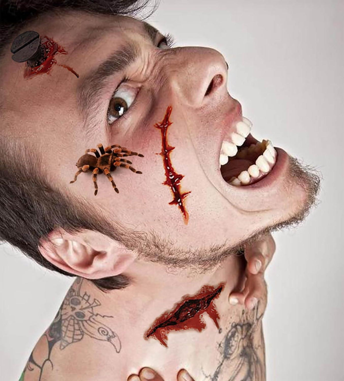 80 Halloween Temporäre Tattoos Bögen 14x20cm Spinnen Narben Mundtatoo