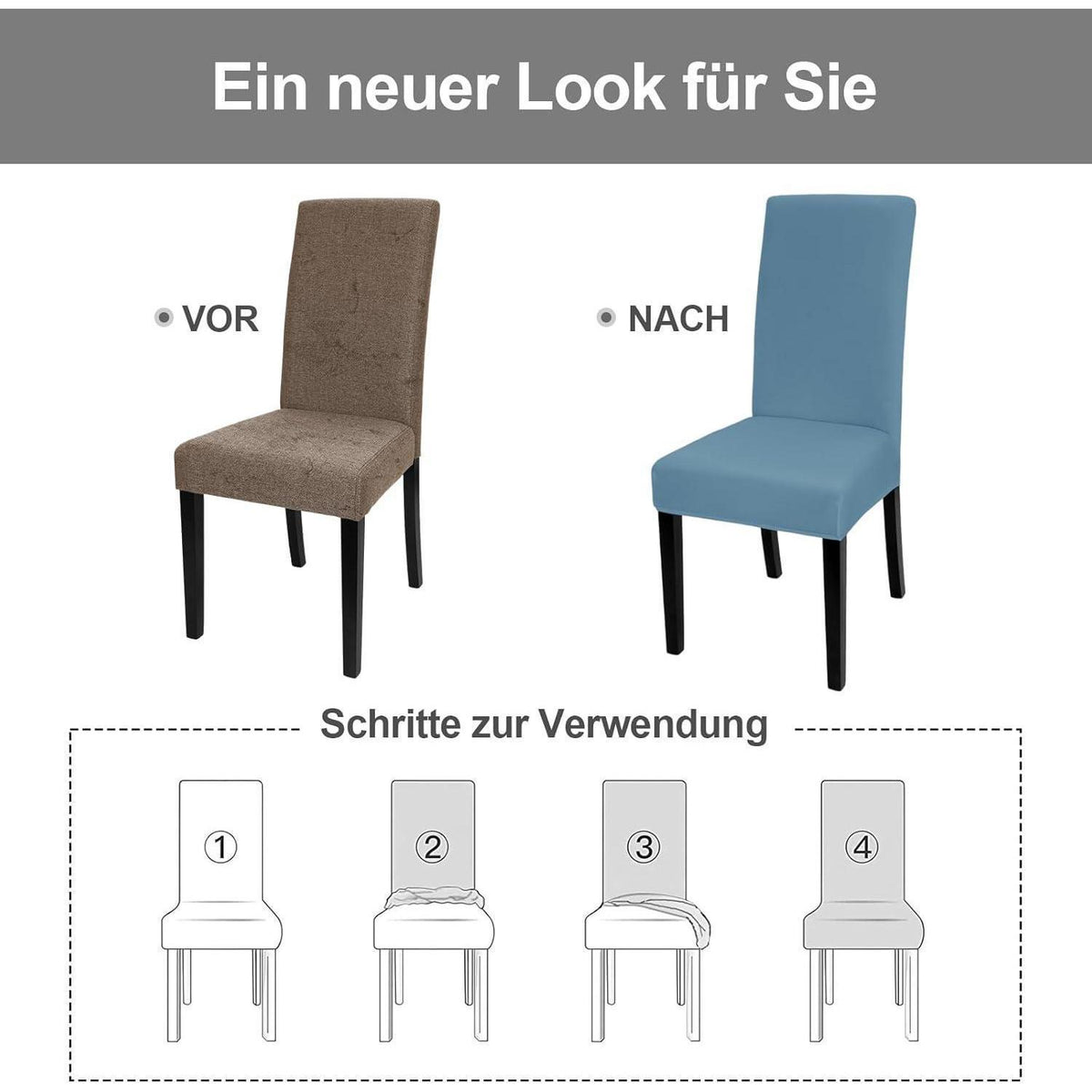 Stuhlhussen 6er Set Stretch – Graublau für Küche & Co.