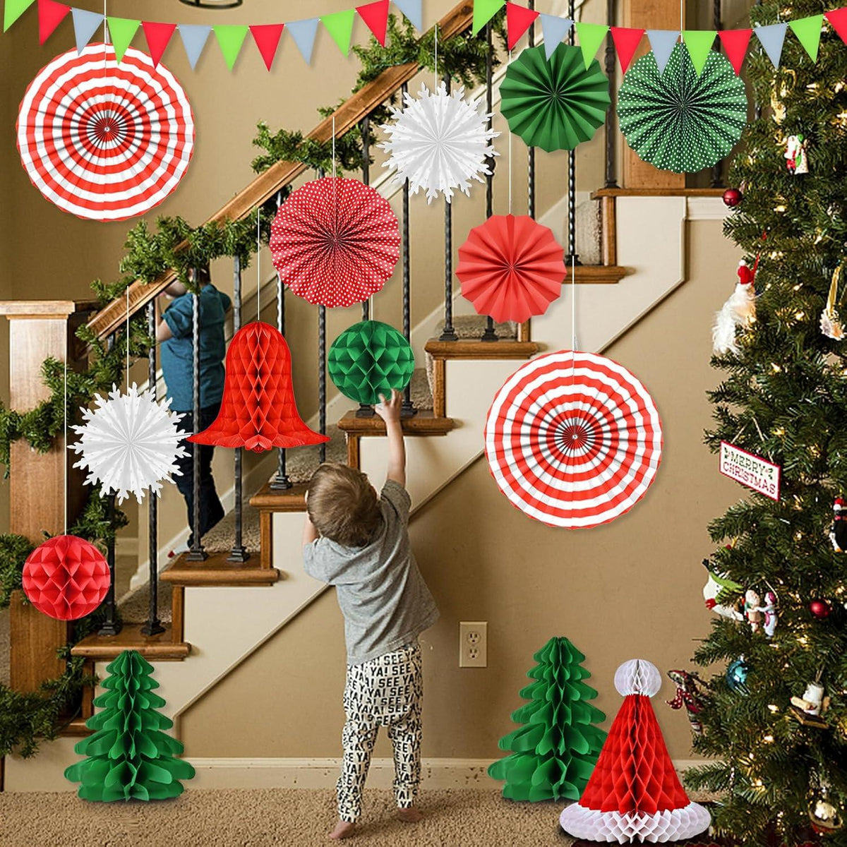Weihnachtsdeko Set Merry Christmas Banner Girlande Papier Faltung Baumaufhänger