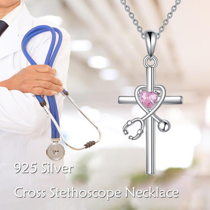 925 Sterling Silber Stethoskop Kreuz Anhänger Halskette für Damen
