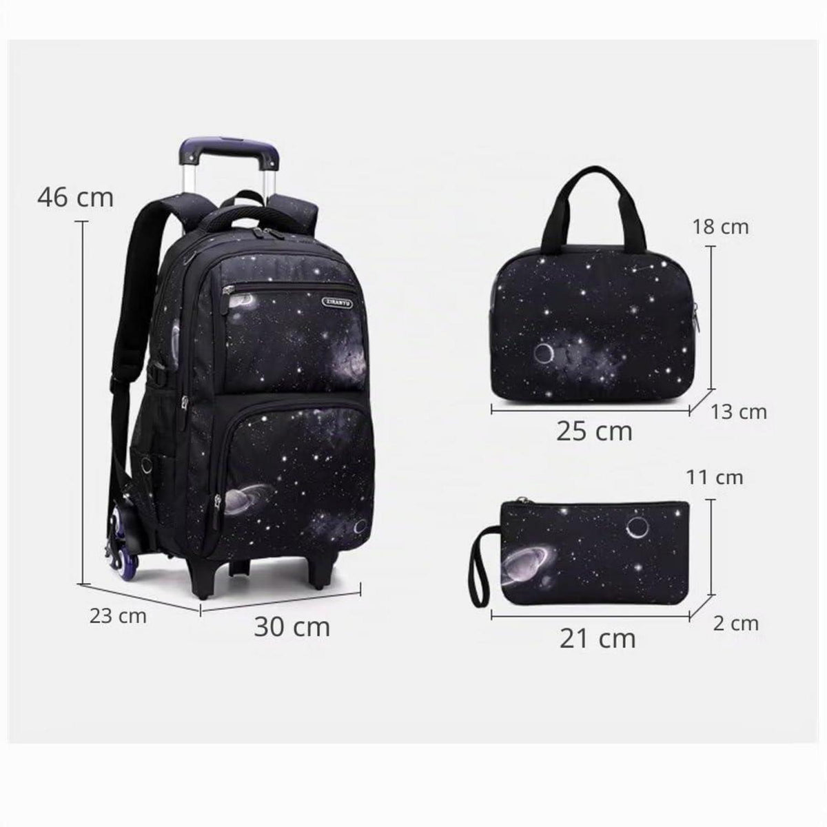 Schulrucksack Jungen Trolley Set mit Lunch Tasche & Federmäppchen Schwarz