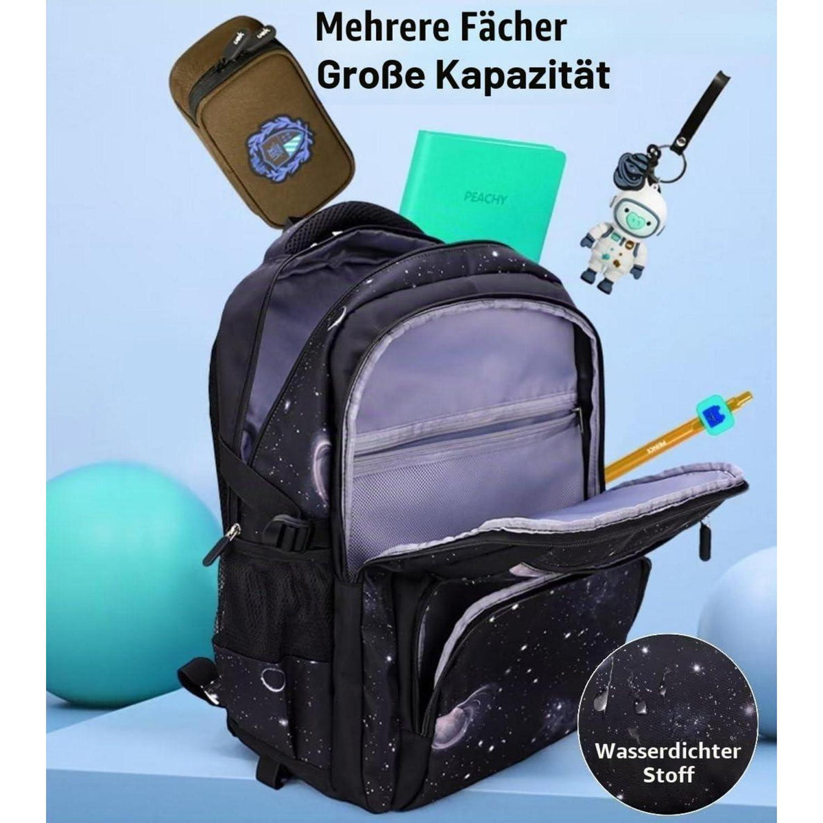 Schulrucksack Jungen Trolley Set mit Lunch Tasche & Federmäppchen Blauer Sternenhimmel