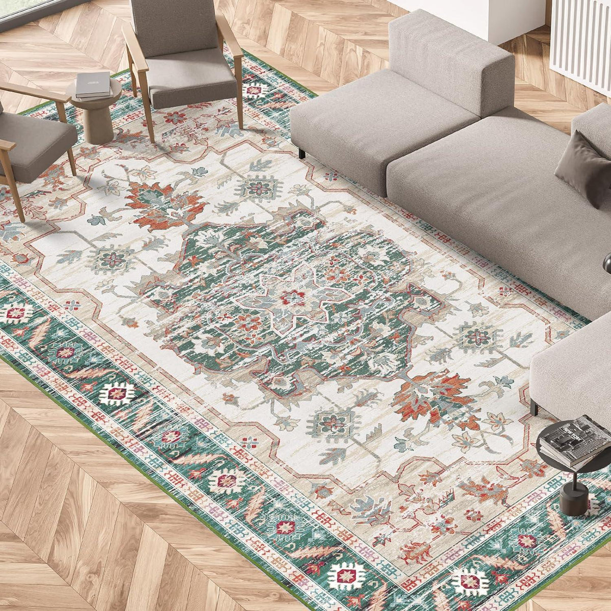 Vintage-Kurzflor-Teppich Wohnzimmer Schlafzimmer grün 120x170 cm