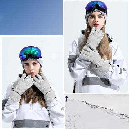 Damen Skihandschuhe mit Touchscreen, wasserdicht, warm, Gitter-Grau