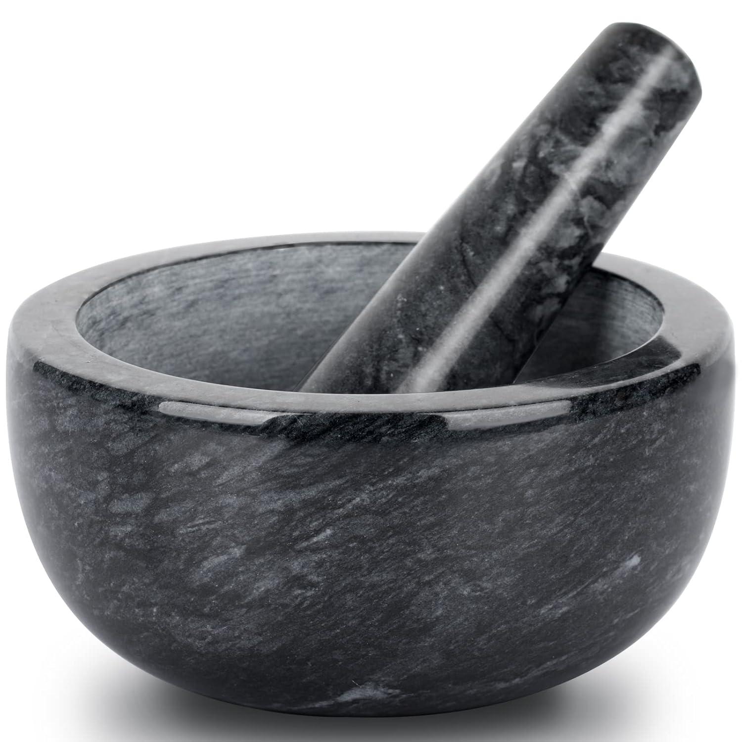 Marmor Mörser und Stößel Set 14cm Naturstein Küchenmühle Schwarz