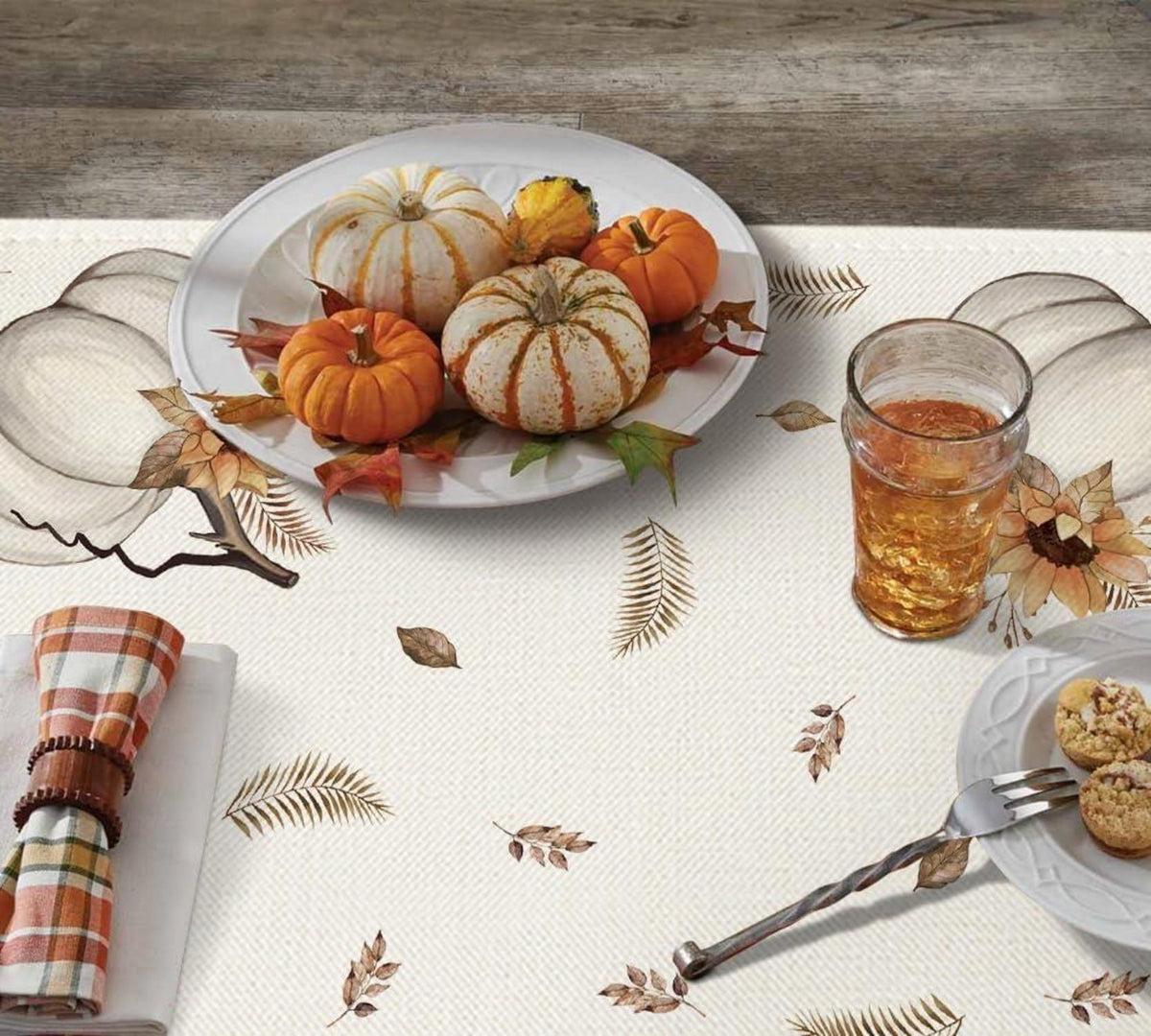 Artoid Herbst Tischdecke Kürbisse Blätter Deko 85x85cm Beige