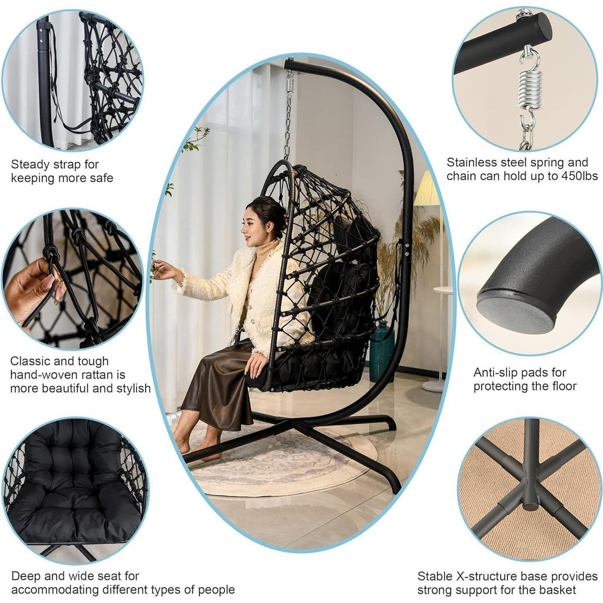 Hängesessel Polyrattan Outdoor Indoor mit Gestell & Kissen