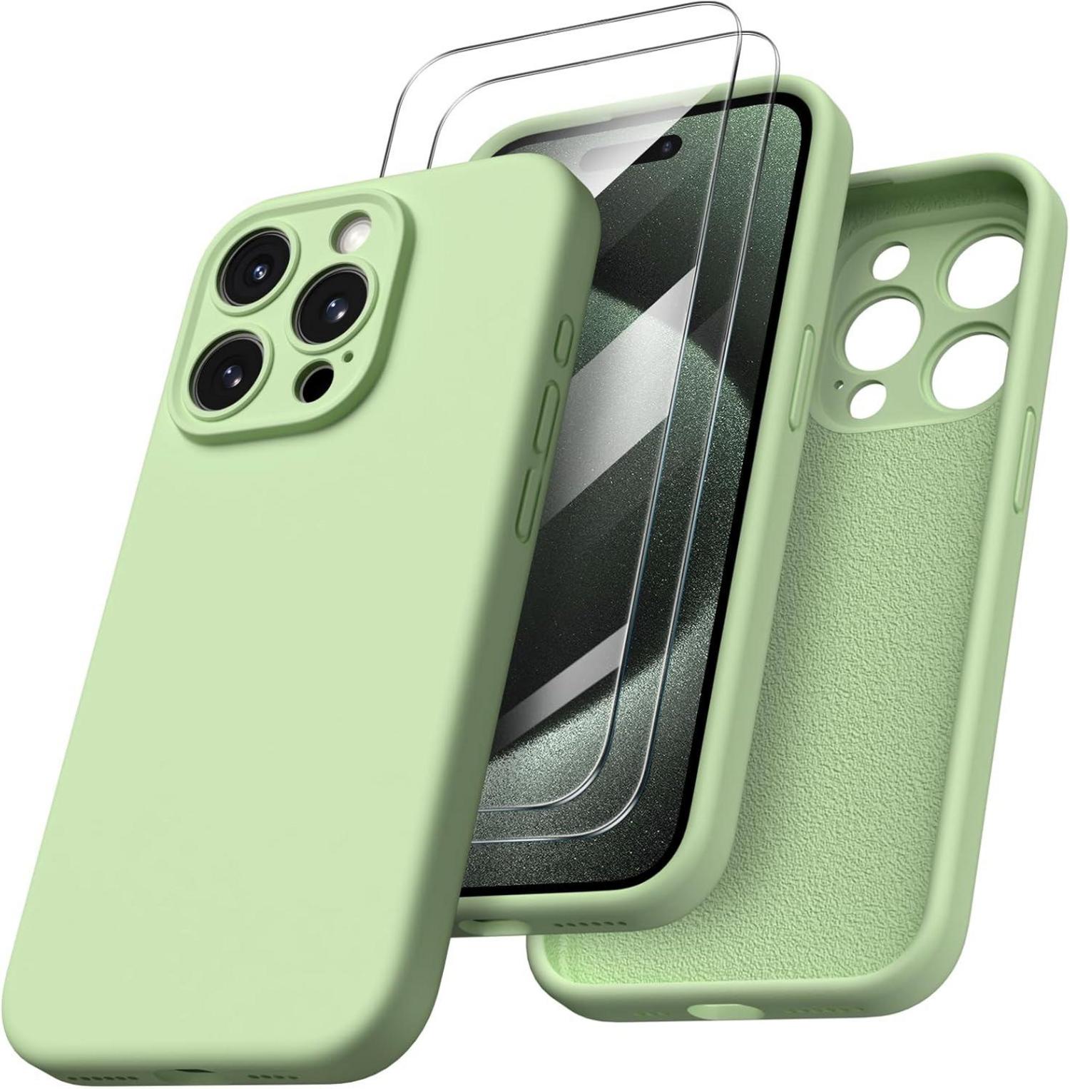 iPhone 15 Pro Max Hülle flüssiges Silikon Kameraschutz 2 Schutzfolien