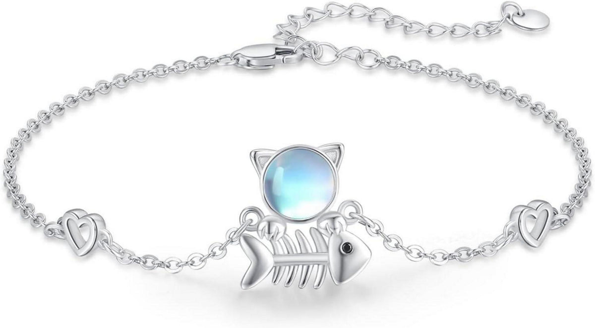 925 Sterling Silber Mondstein Katzen Fischgräten Armband 7 Zoll + 2