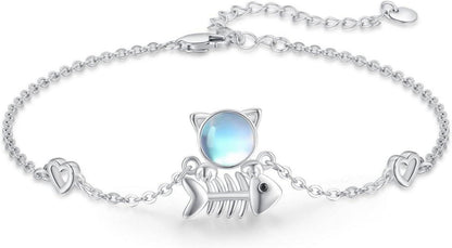 925 Sterling Silber Mondstein Katzen Fischgräten Armband 7 Zoll + 2