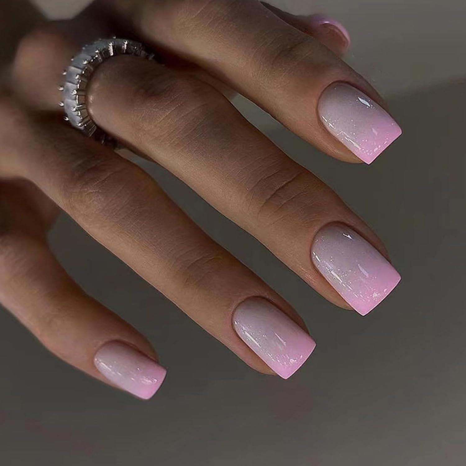 24er Set Press on Nails Acryl French Nägel Nagelkleber Gradient Rosa