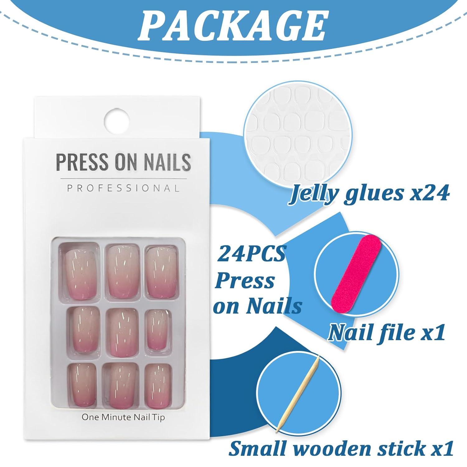 24er Set Rosa Gradient Künstliche Nägel Acryl Full Cover Aufkleben Nagelb Kit