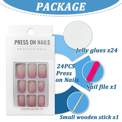 24er Set Rosa Gradient Künstliche Nägel Acryl Full Cover Aufkleben Nagelb Kit