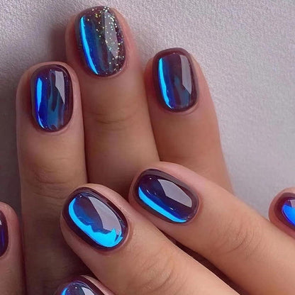 24 Stück Blaue Glänzende Falsche Nägel Kurz Eckig