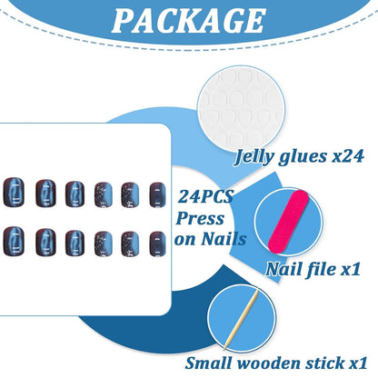 24er Set Eckige Falsche Nägel Blau Glänzend mit French Design
