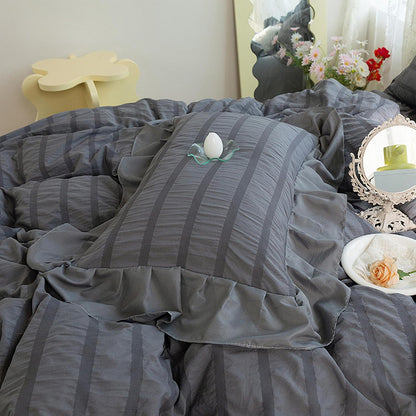 Romantische Seersucker Bettwäsche Set Grau 135x200 + 2x 80x80cm