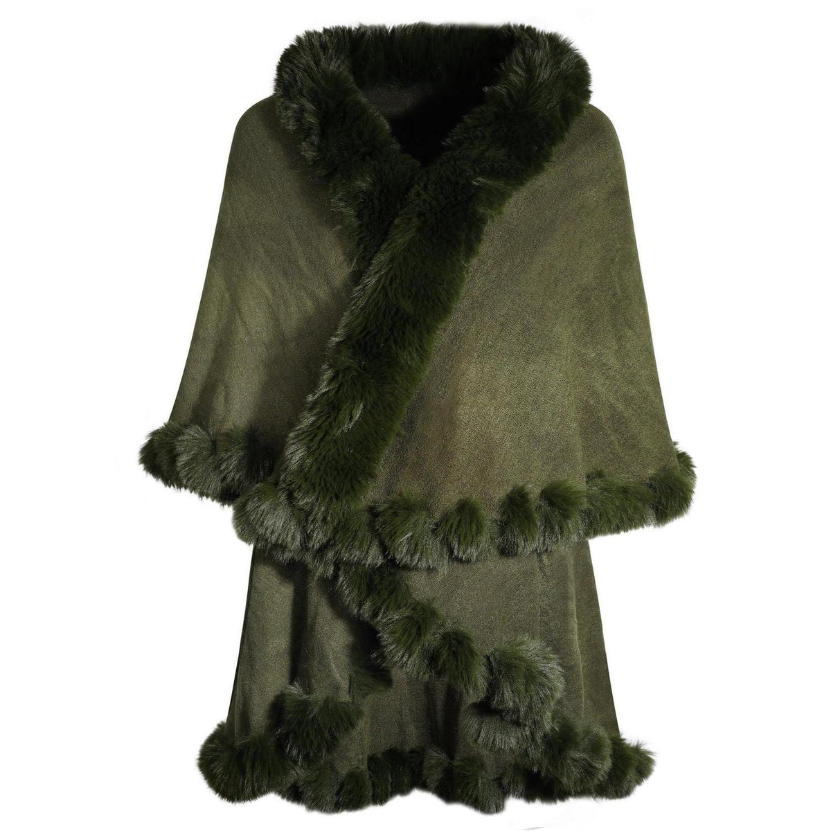 Strick Poncho Damen mit Fellkragen Armeegrün