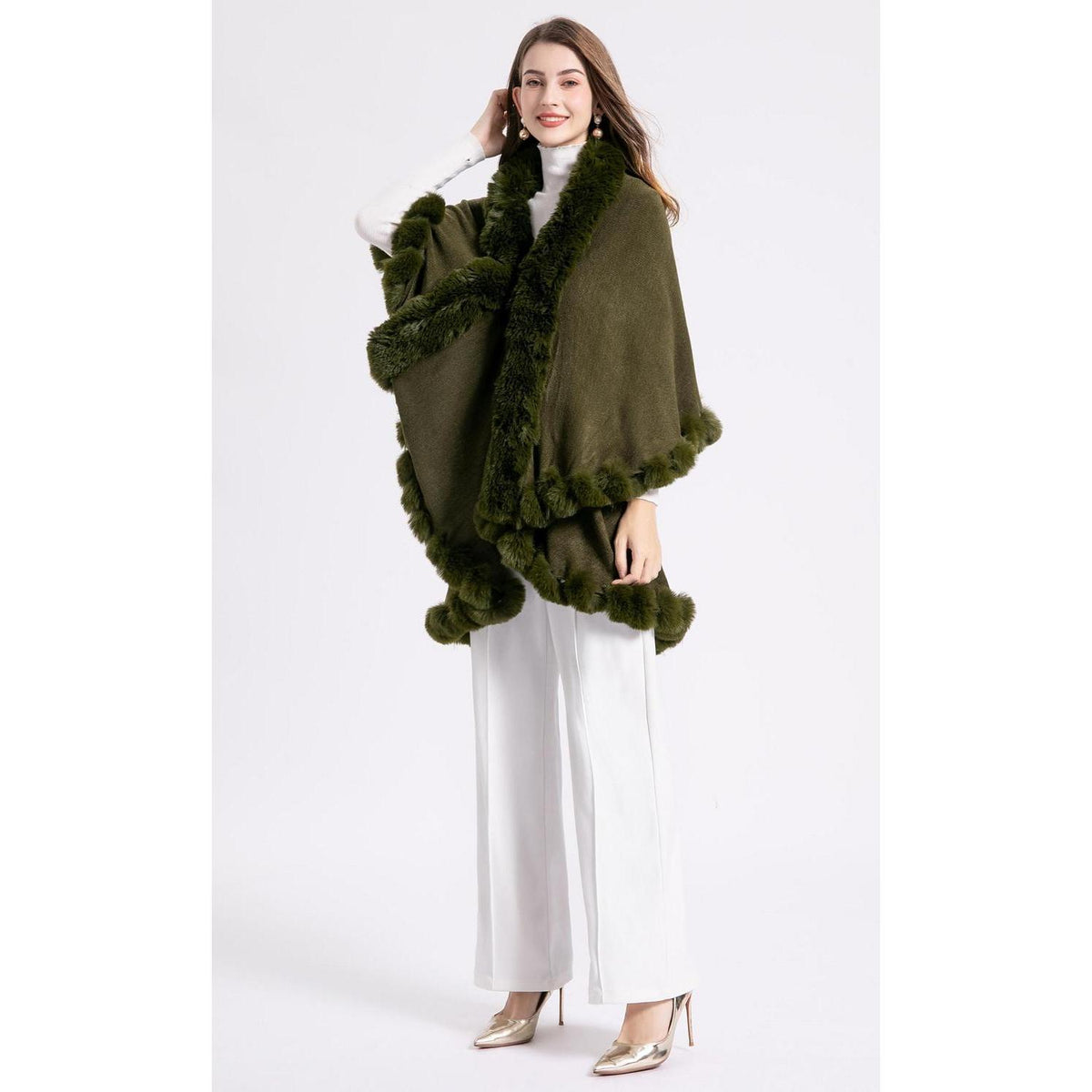 Strick Poncho Damen mit Fellkragen Armeegrün