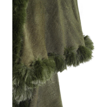 Strick Poncho Damen mit Fellkragen Armeegrün