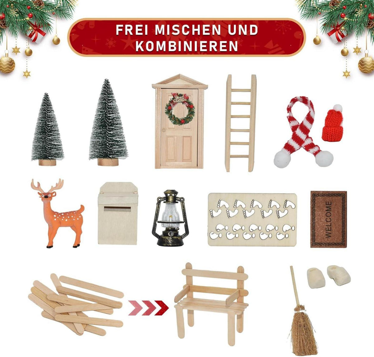 Miniatur Wichteltür Set Weihnachten Deko Holz Zubehör