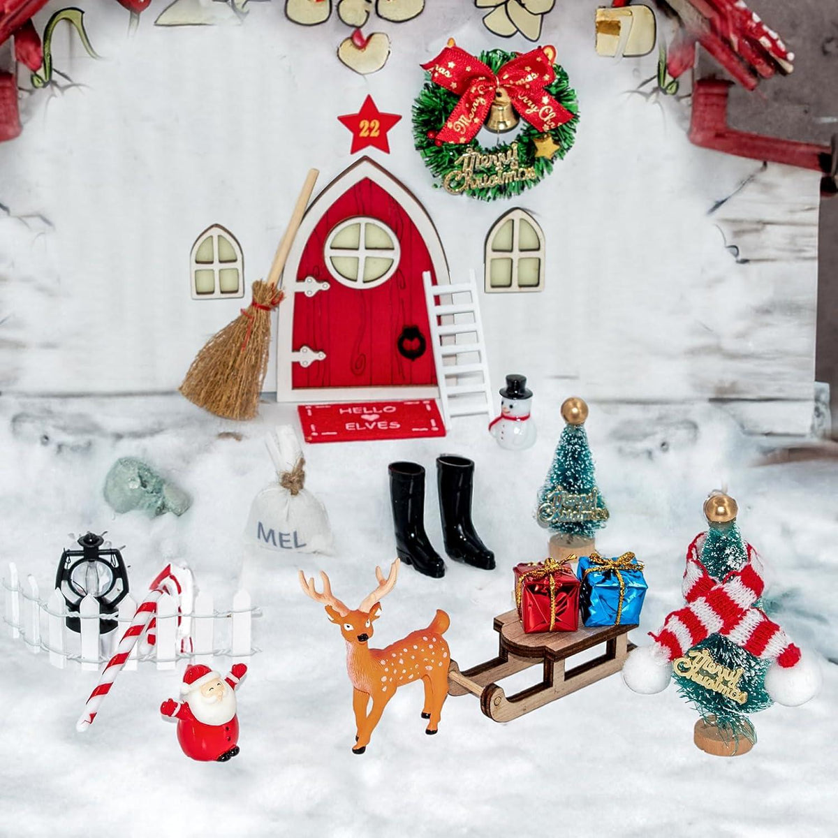 Miniatur Wichteltür Set Weihnachten Deko (18-teilig) - Holz Wichtel Tür Zubehör - Kinderzimmer Puppenhaus Modellhaus Miniaturlandschaften