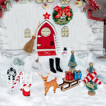 Miniatur Wichteltür Set Weihnachten Deko (18-teilig) - Holz Wichtel Tür Zubehör - Kinderzimmer Puppenhaus Modellhaus Miniaturlandschaften