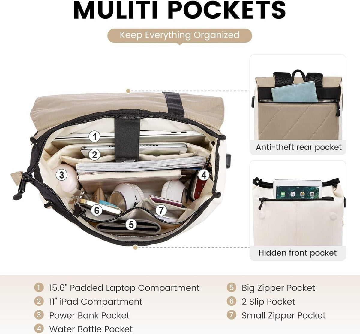 USB Ladeanschluss Anti Diebstahl Schulrucksack 17 Zoll Beige