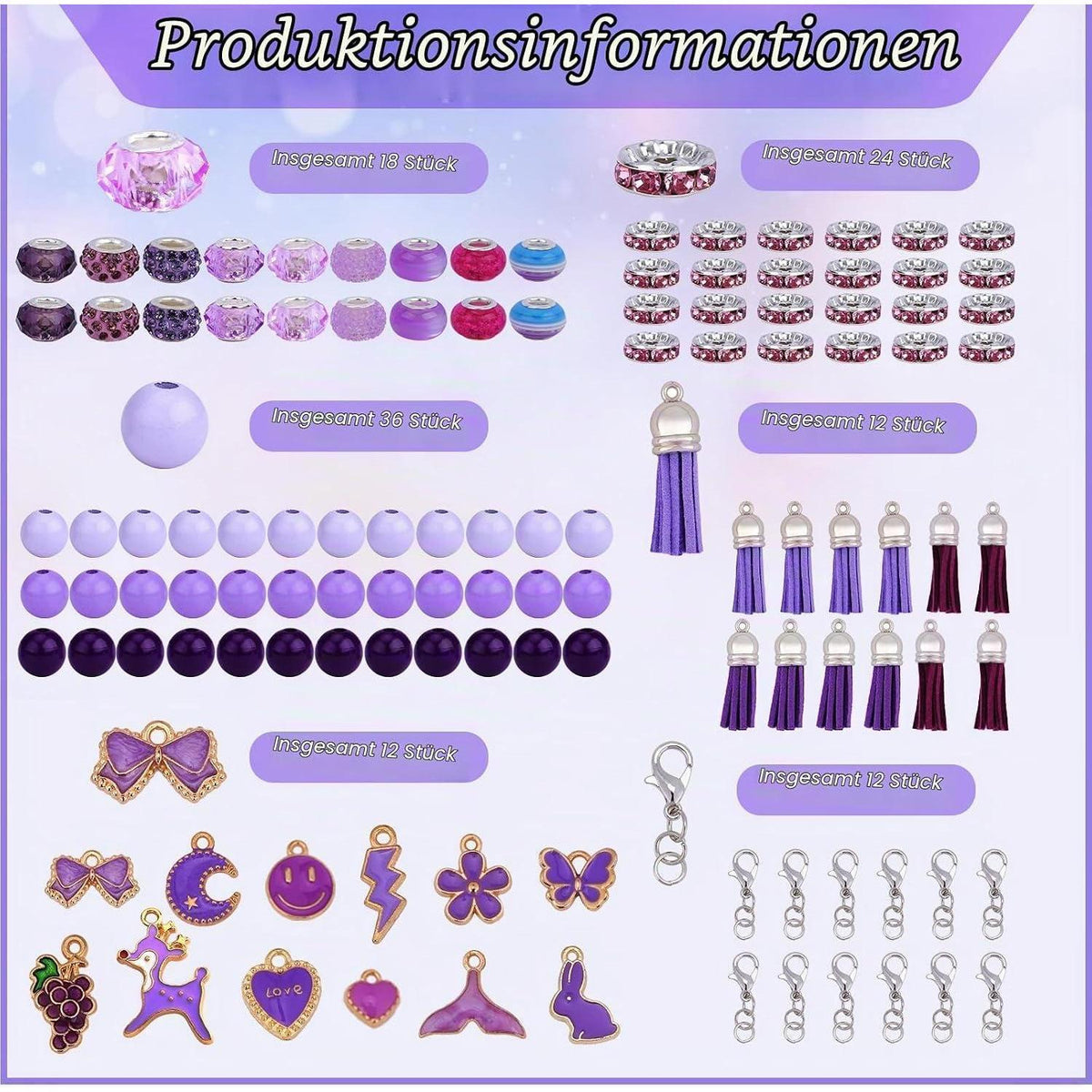 12 DIY Perlenstifte Set Lila - Kugelschreiber Großpackung