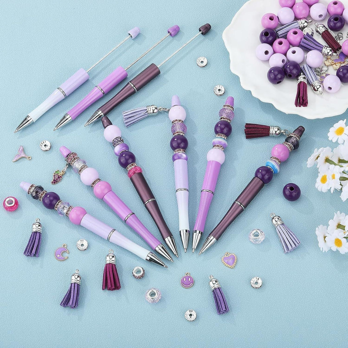 12 DIY Perlenstifte Set Lila - Kugelschreiber Großpackung