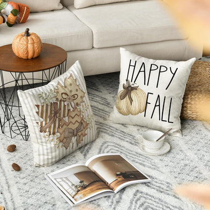 Herbst Kissenbezüge Set 4er 50x50cm Ahornblätter Streifen Braun