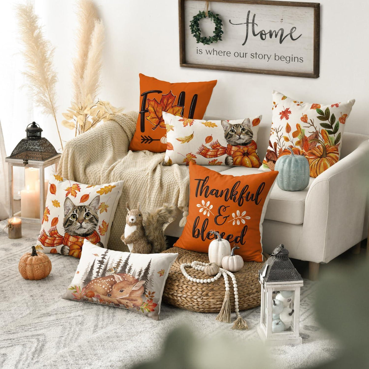 Große Herbst Kissenbezüge 4er Set 45x45cm Ahornblätter
