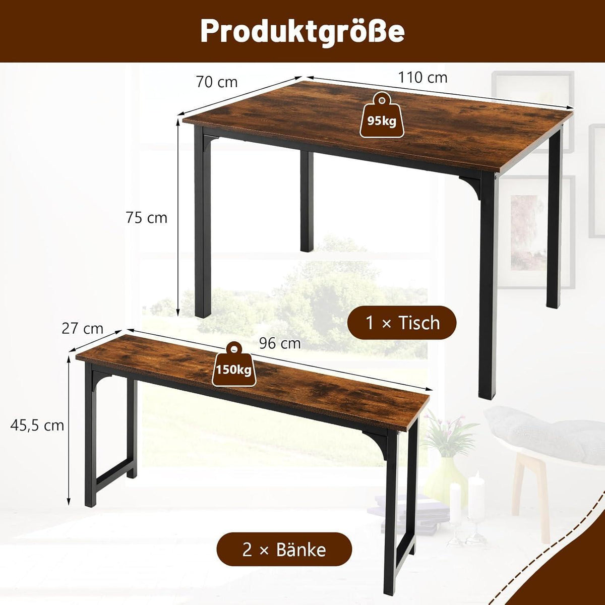 Esstisch Set für 4 Personen | Industriedesign mit 2 Bänken