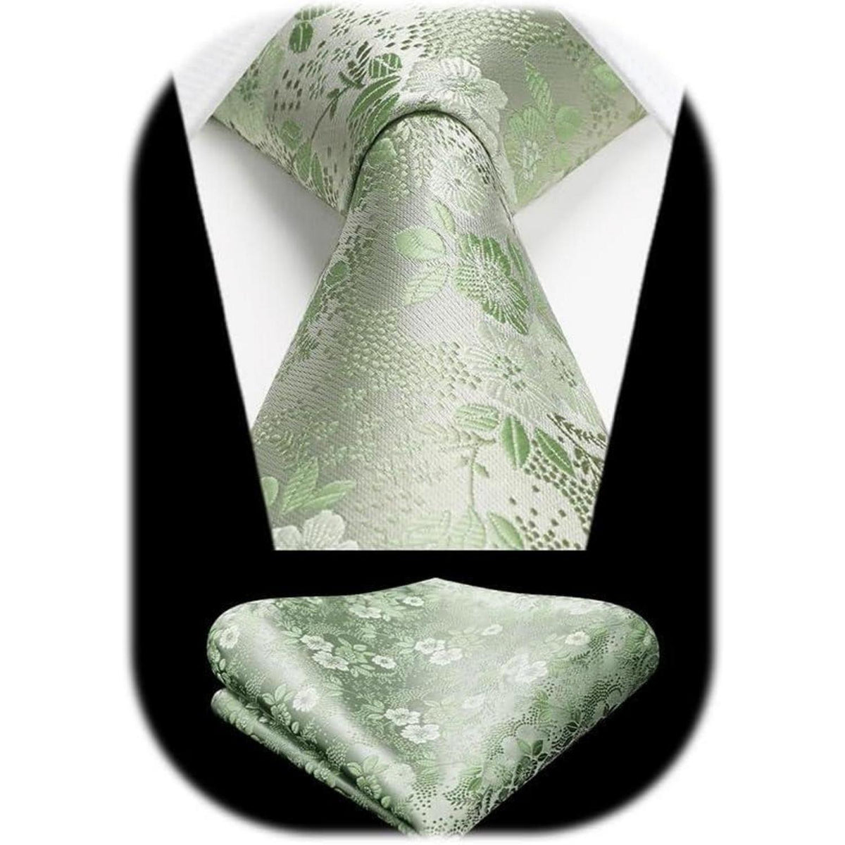 Herren Krawatten-Set Seide floral Z-salbei Grün mit Einstecktuch