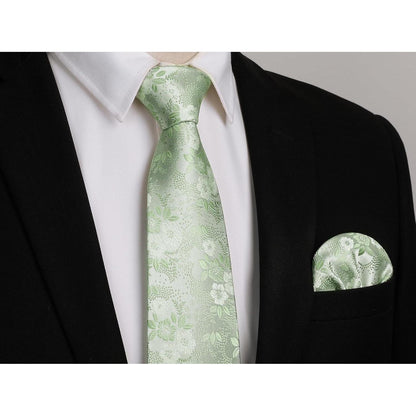 Herren Krawatten-Set Seide floral Z-salbei Grün mit Einstecktuch