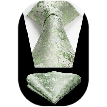 Herren Krawatten-Set Seide floral Z-salbei Grün mit Einstecktuch