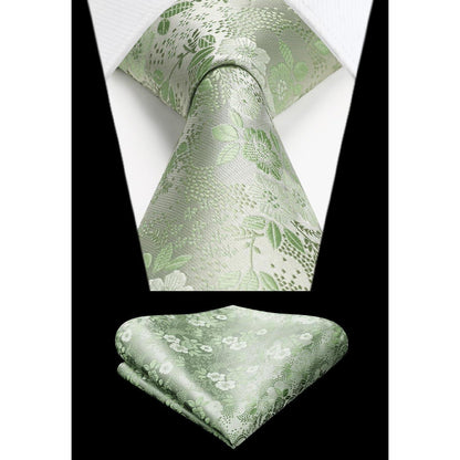 Herren Krawatten-Set Seide floral Z-salbei Grün mit Einstecktuch