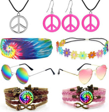 Hippie Kostüm Set Brille Peace Halskette Stirnband Armbänder Party