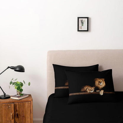 Löwen Bettwäsche 135x200 - 4teilig, Braun Schwarz, 3D Mikrofaser