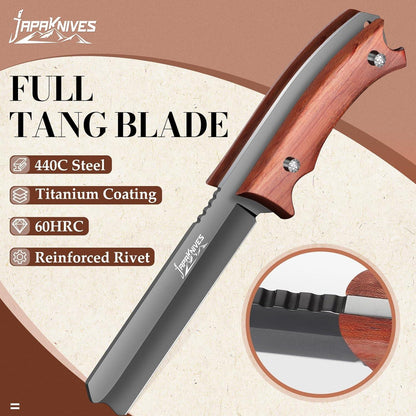 Outdoor Survival Messer mit handgenähter Lederscheide - Japaknives