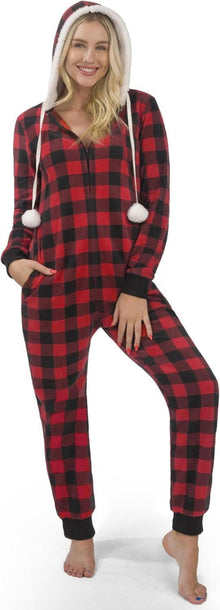 Frauen Weihnachtspyjama Rot Kariert Kapuze Flanell Sherpa XL