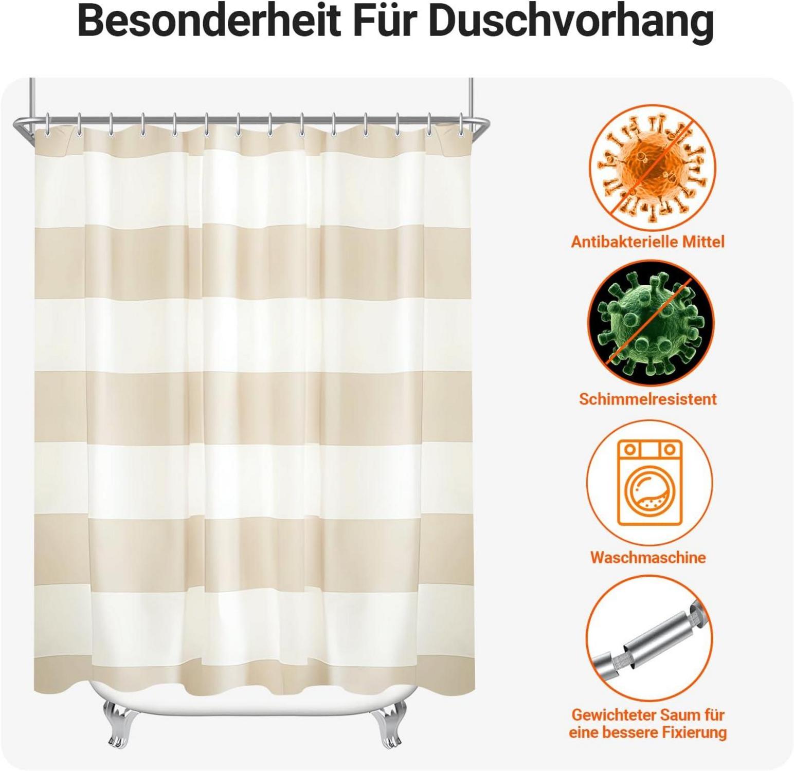 Duschvorhang 180x180cm Beige Streifen Textil Antischimmel Oesen 12 Ringe