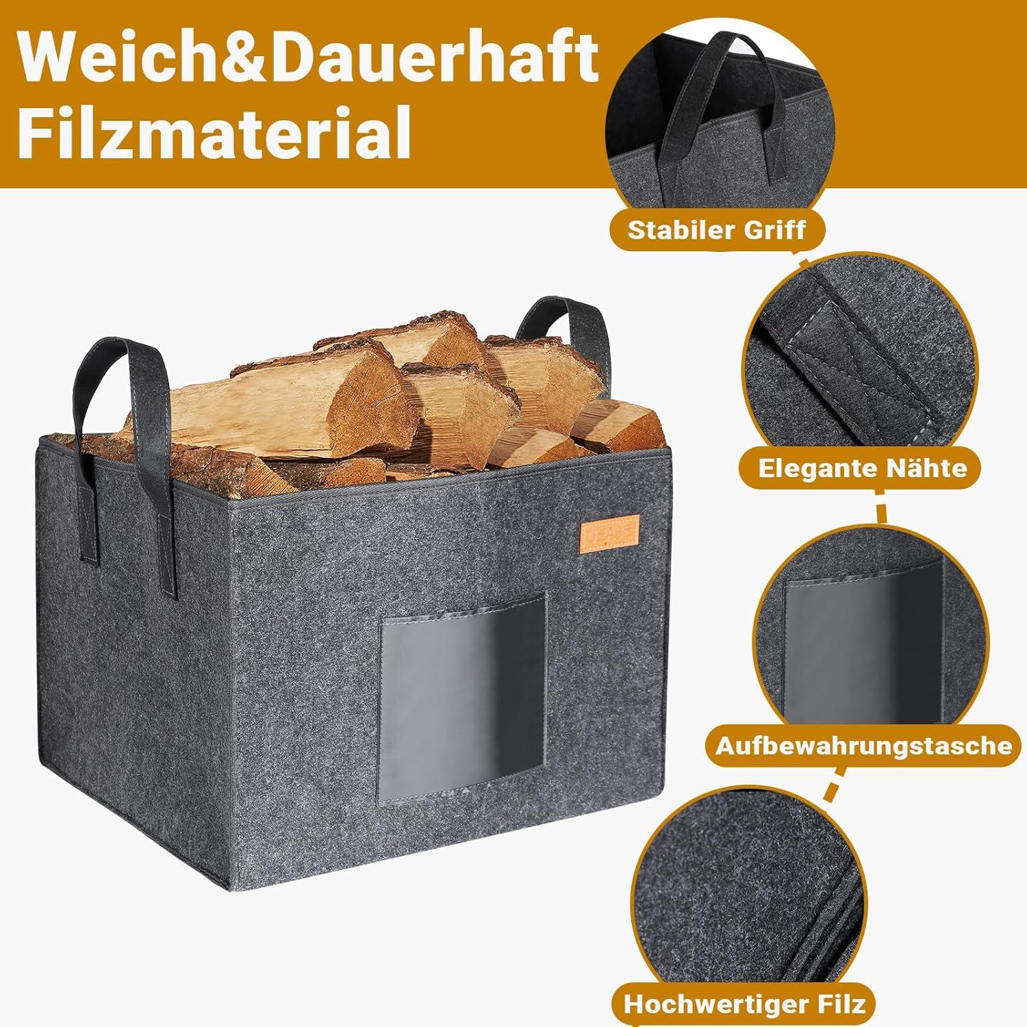 Holzkorb Filztasche 46x40x32cm Kaminholz Brennholz Dunkelgrau