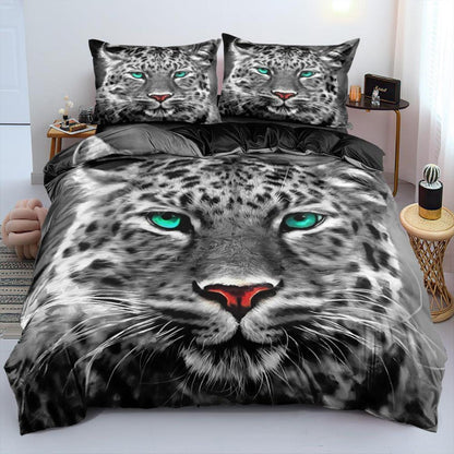 3D Leopard Bettwäsche Set 135x200 - Grau Türkis Mikrofaser