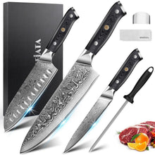 Damast Messer Set 3-teilig – Kochmesser, Santoku & Allzweckmesser