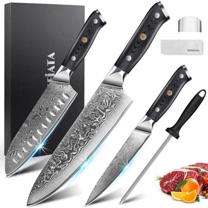 Damast Messer Set 3-teilig – Kochmesser, Santoku & Allzweckmesser